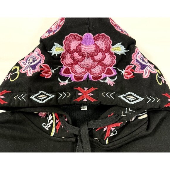 Boho Embroidered Zip Hoodie Jacket Lace Lined Hood Floral Folk Cropped L - Picture 6 of 12
